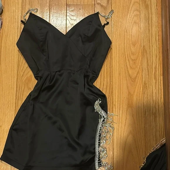 Dresses | V Neck Black Mini Dress With Rhinestone Fringe Slit And Straps |  Poshmark